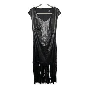Ashley Stewart Black Faux Leather Fringe Maxi Dress V Neck Size 12
